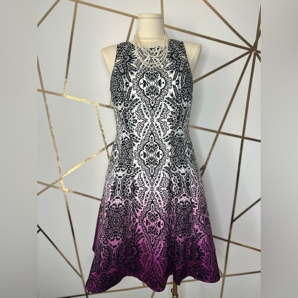 Maggy London Black, White, Purple Ombré A-line Midi Dress Halter Neckline (878) - Picture 3 of 17